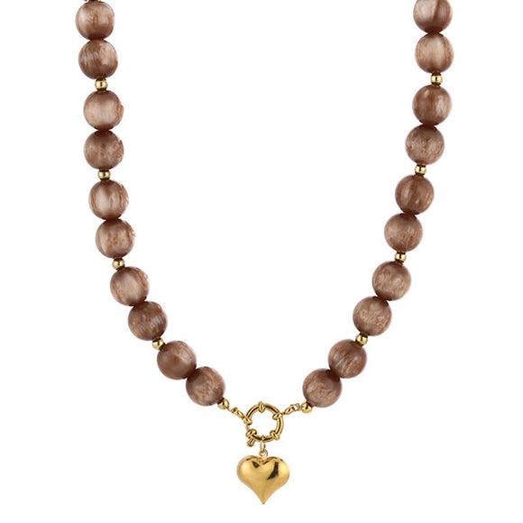 By Have a Pico- Ketting kralen met hart - Bruin - Goud